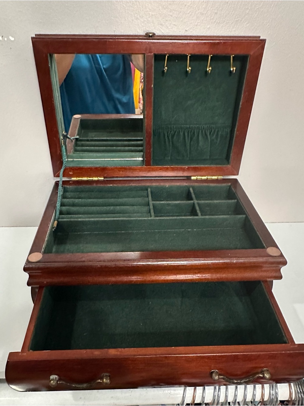 Vintage Bombay Wood Jewelry Box with Mirror in Dark Green